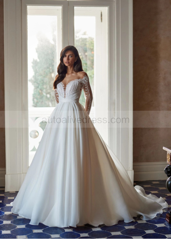 Beaded Long Sleeves Ivory Lace Organza Pretty Wedding Dress